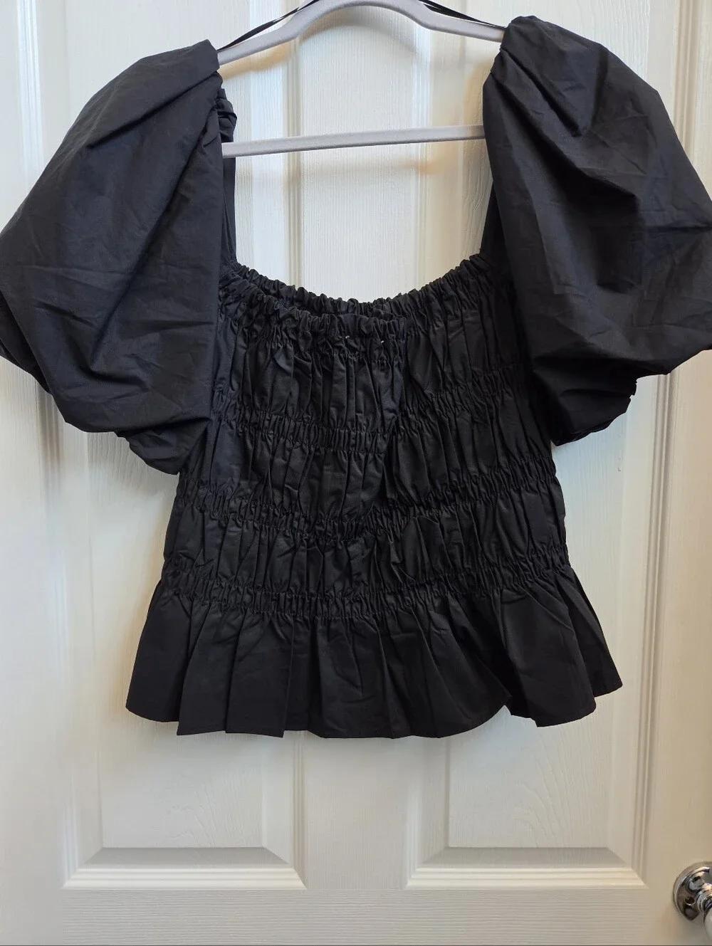 NWOT-Astr Black Smocked Peplum Blouse with Puff Sleeves